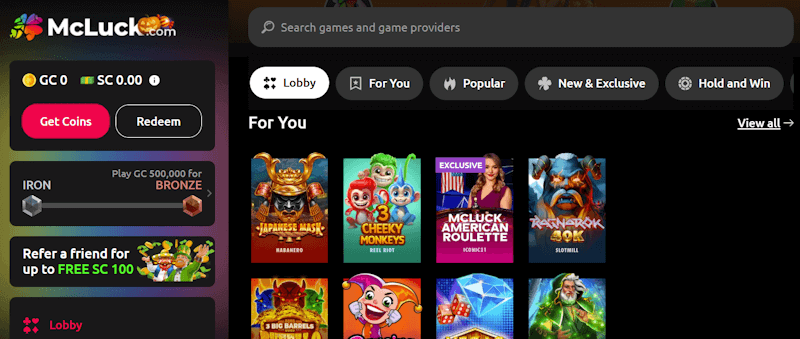 McLuck Casino home screen logged in