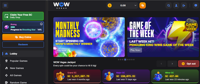 Wow Vegas casino home screen