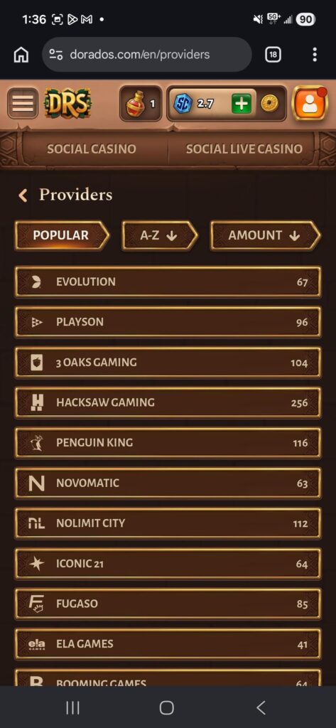 Dorados Casino list of  popular game provides